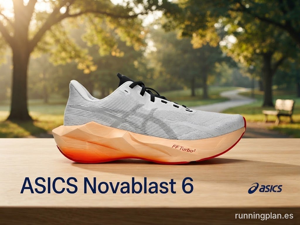 ASICS Novablast 6 en un parque, vista lateral con la mediasuela naranja y el detalle FF Turbo²