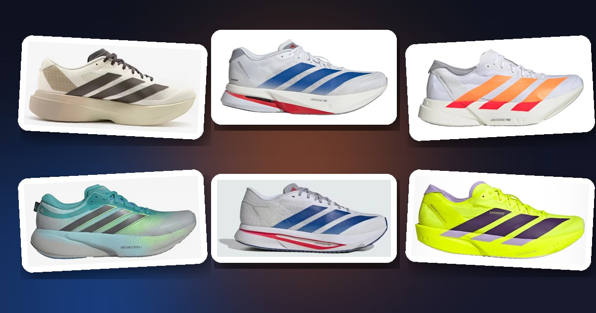 Montaje con seis zapatillas adidas: Adizero Evo SL, Boston 13, Adios Pro 4, Supernova Rise 3, Adizero SL2 y Takumi Sen 11