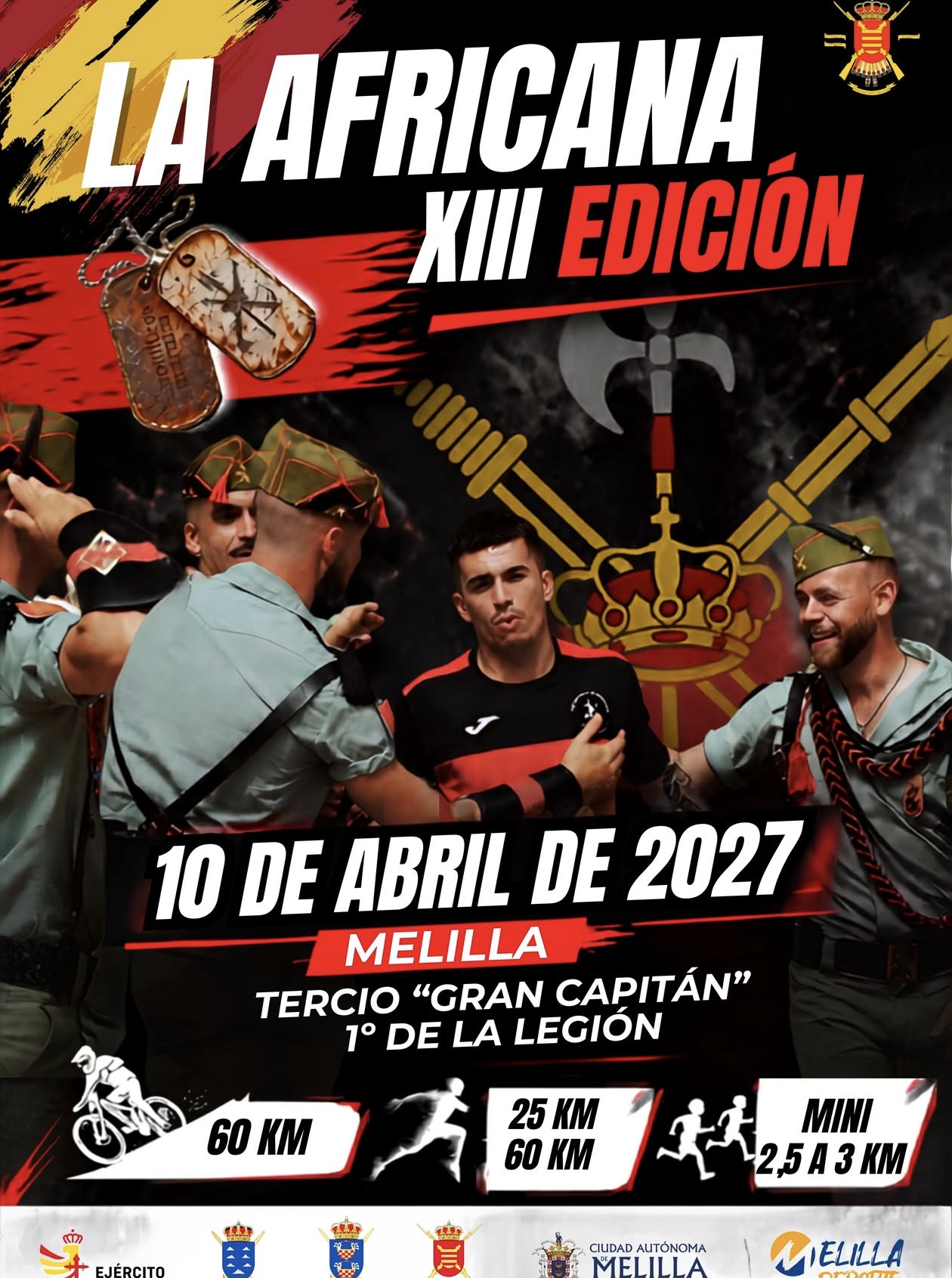 Cartel de La Africana XIII edición en Melilla, 10 de abril de 2027, con legionarios y un corredor, y las pruebas de 60 km en BTT, 25 y 60 km a pie y la MiniAfricana