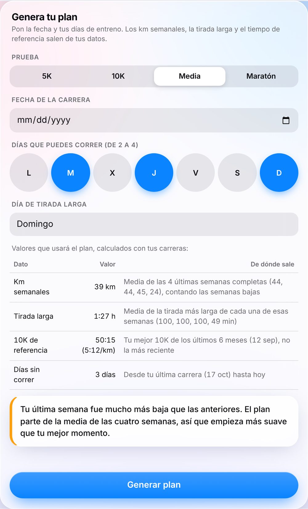 Tarjeta «Genera tu plan» con prueba, fecha, días y valores calculados