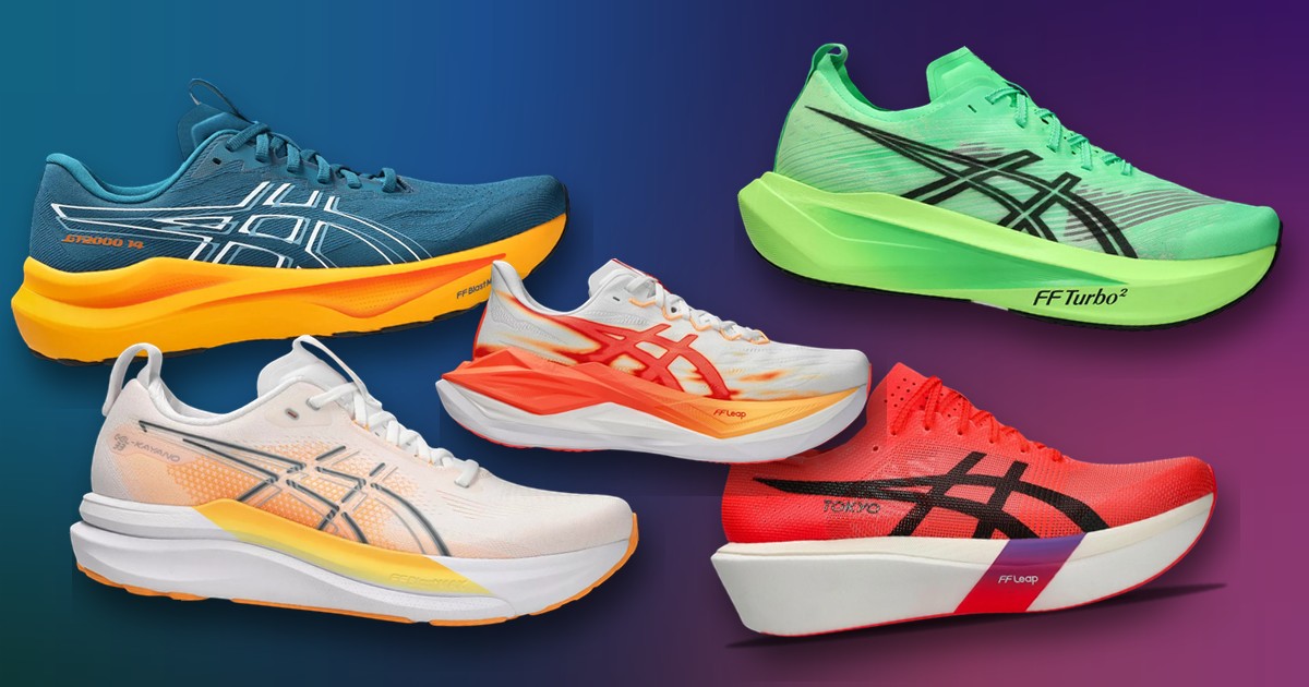 Montaje con cinco zapatillas ASICS: GT-2000 14, Gel-Kayano 33, Superblast 3, Megablast y Metaspeed Sky Tokyo