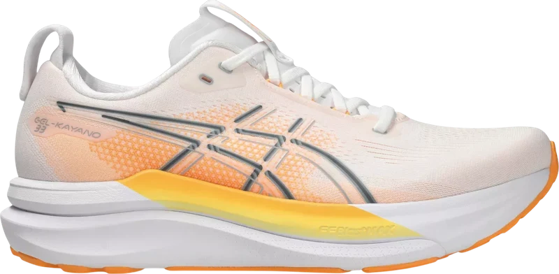 ASICS Gel-Kayano 33 blanca y naranja, vista lateral