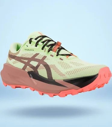 ASICS Trabuco 14 verde y rosa, vista de tres cuartos