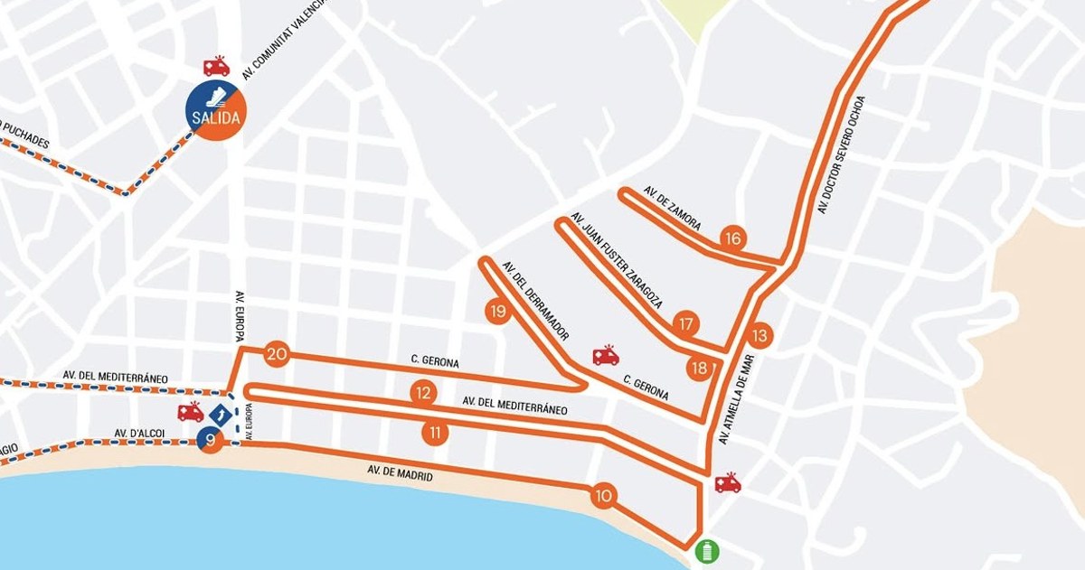 Mapa del recorrido de la Benidorm Half con la salida en la avenida Comunitat Valenciana y el paso por la playa de Levante
