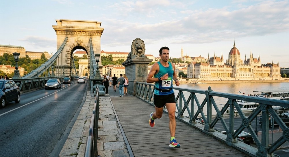 Un corredor cruza el Puente de las Cadenas de Budapest con el Parlamento al fondo