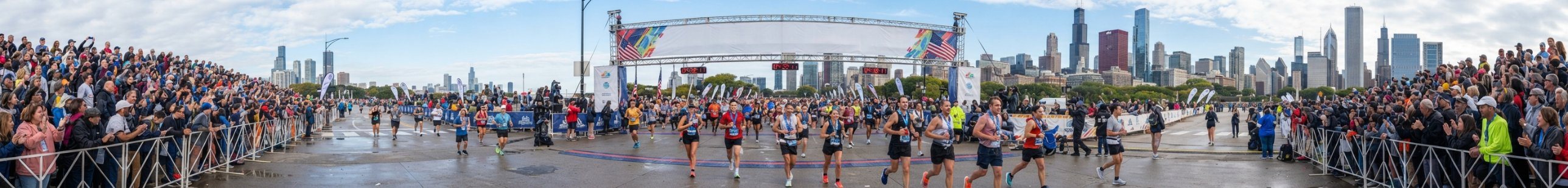 Meta del Maratón de Chicago con los corredores llegando y el skyline al fondo