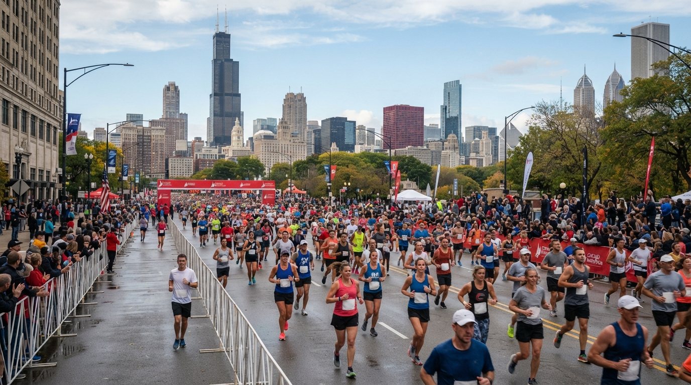 Corredores del Maratón de Chicago por Grant Park con el skyline de la ciudad