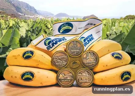 Medalla finisher del Circuito Nacional de Running Plátano de Canarias con las monedas de Sevilla, San Sebastián, Barcelona, Valencia y Madrid