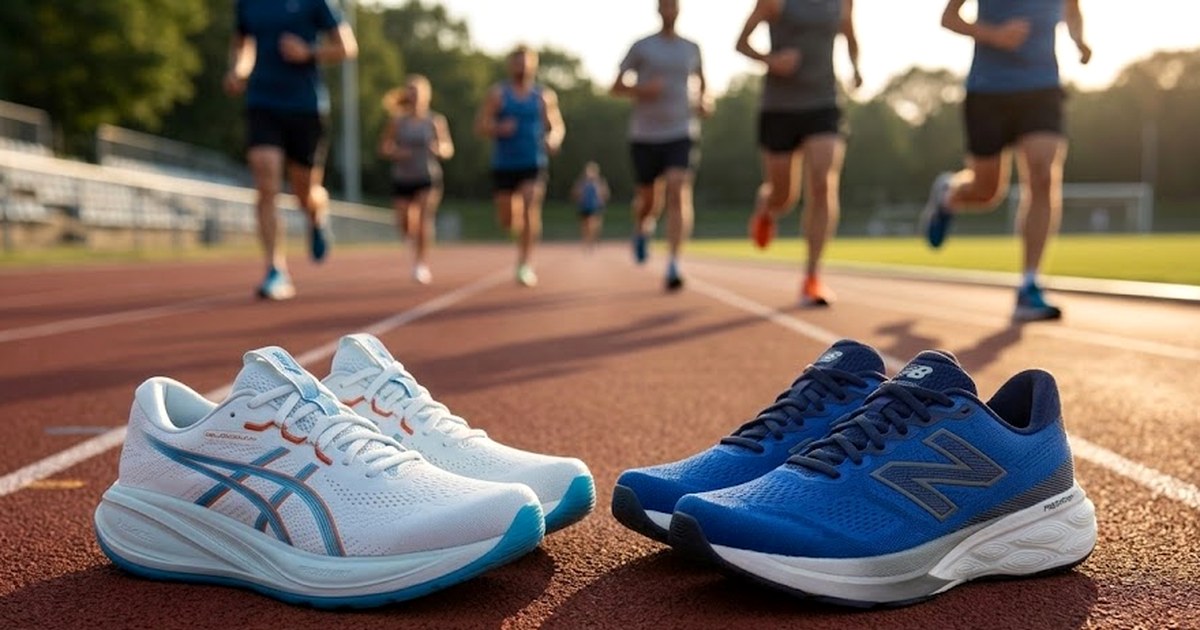ASICS Gel-Cumulus 28 a la izquierda y New Balance 880 sobre una pista de atletismo con corredores al fondo