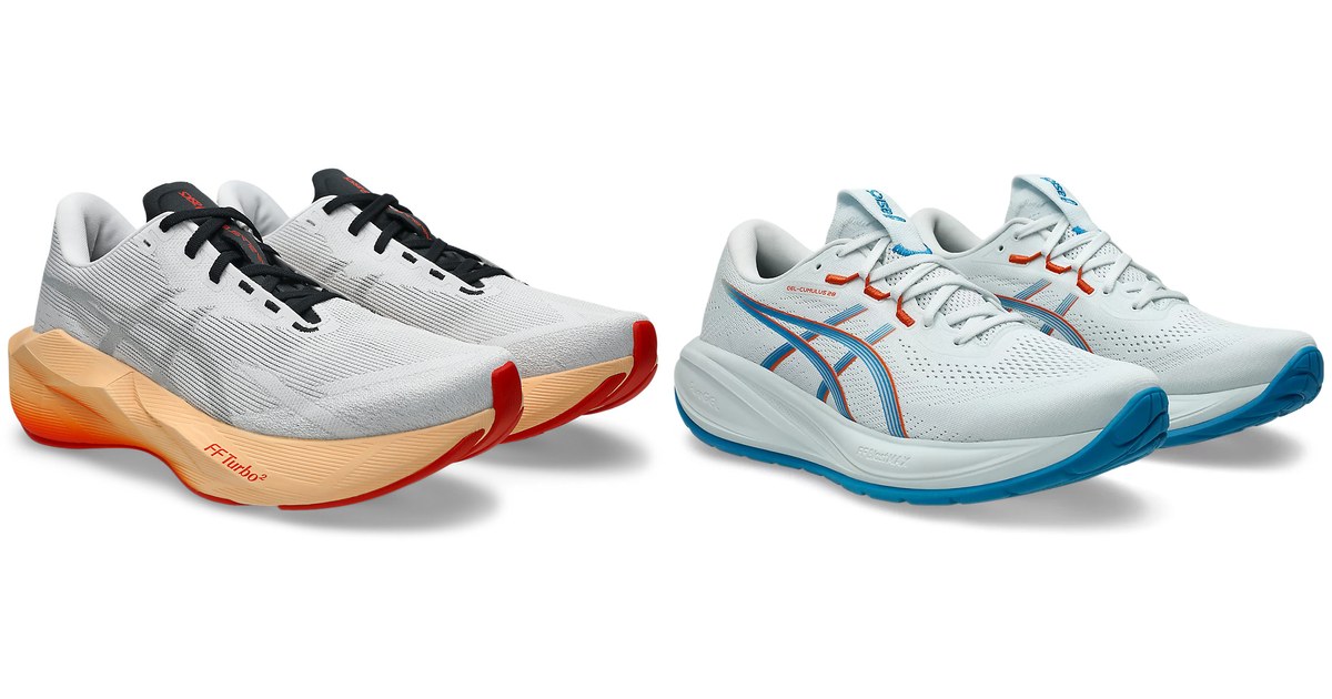 ASICS Novablast 6 a la izquierda y ASICS Gel-Cumulus 28 a la derecha, vistas de tres cuartos