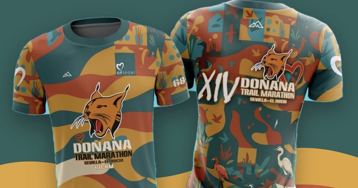 Camiseta oficial del XIV Doñana Trail Marathon, con un lince ibérico, por delante y por detrás