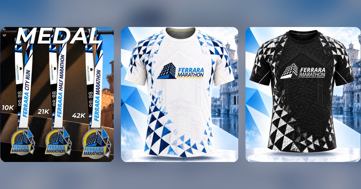 Las tres medallas de la Ferrara Marathon 2027 y las camisetas oficiales blanca y negra