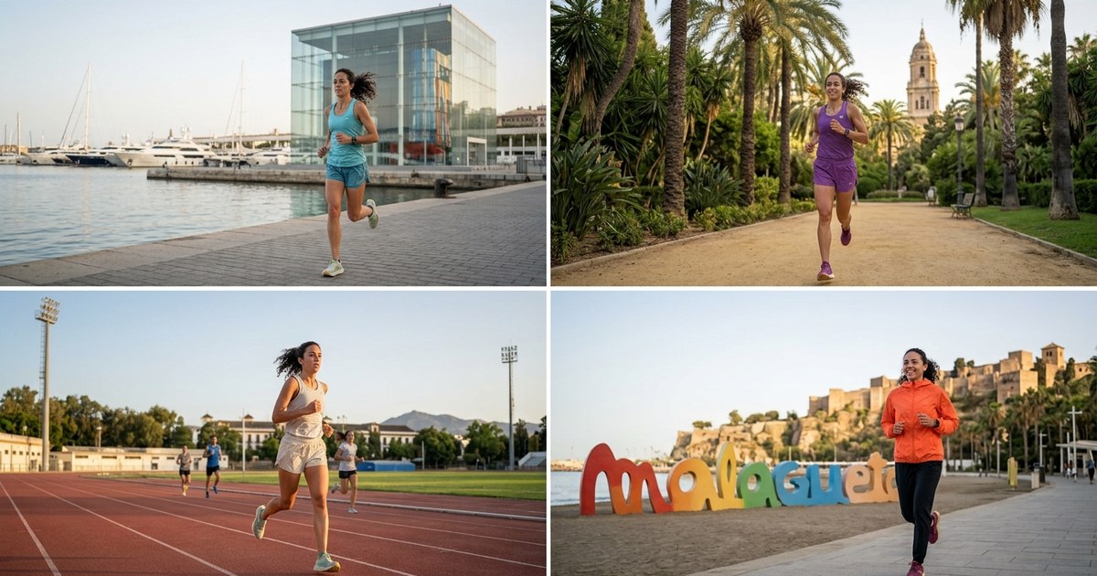 Cuatro imágenes de corredoras en Málaga: el puerto, un parque con la catedral al fondo, una pista de atletismo y la playa de La Malagueta