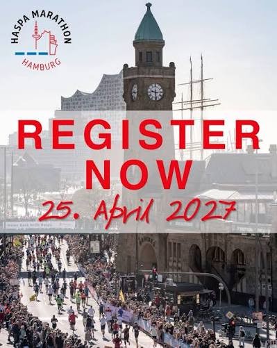 Cartel de inscripciones del Haspa Marathon Hamburg 2027 con corredores junto a la torre del reloj de los Landungsbrücken