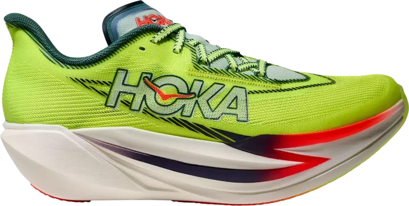 HOKA Cielo X1 3.0 amarillo lima con detalles rojos, vista lateral