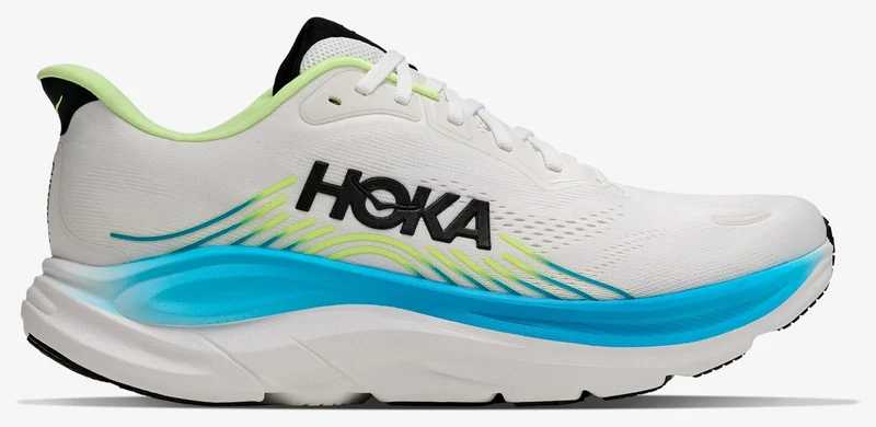 HOKA Clifton 11 blanca y azul, vista lateral