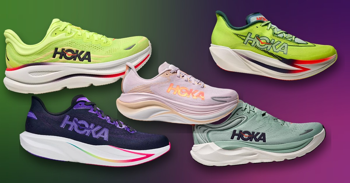 Montaje con cinco zapatillas HOKA: Bondi 9, Cielo X1 3.0, Mach 7, Skyward X 2 y Gaviota 6