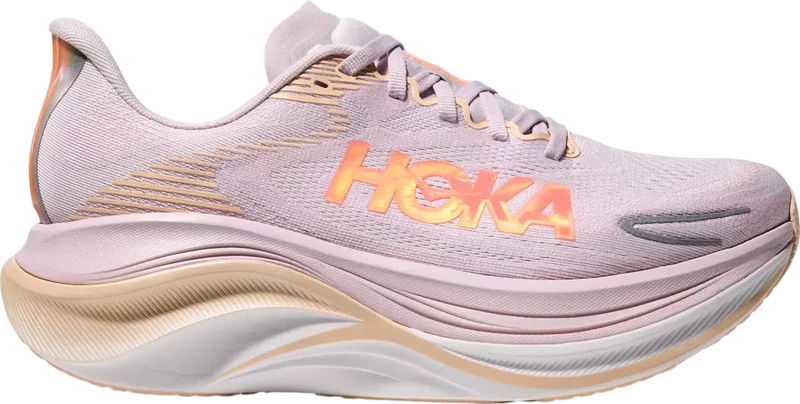 HOKA Skyward X 2 lila y naranja, vista lateral
