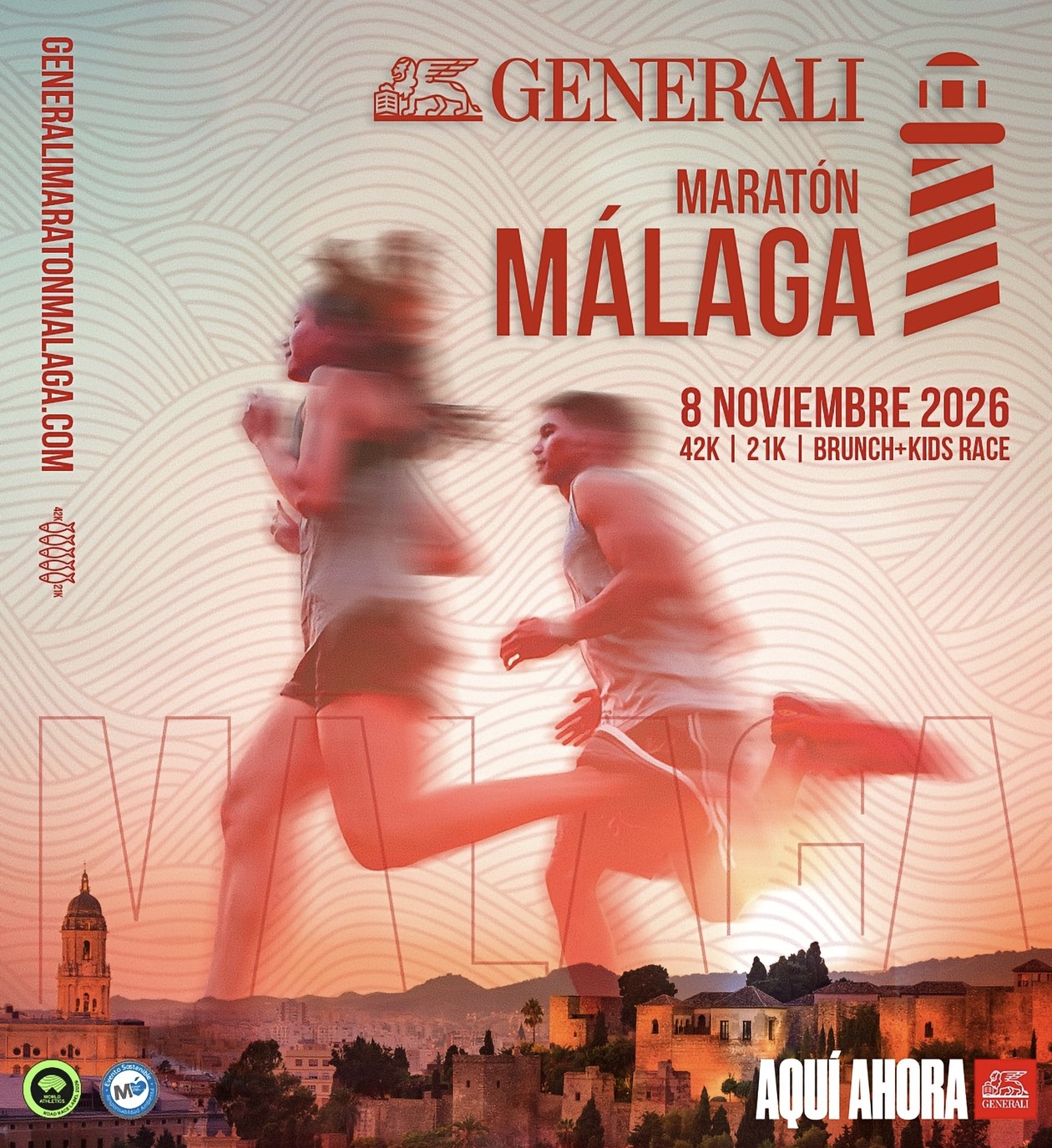 Cartel del Generali Maratón Málaga 2026 con dos corredores en movimiento y la fecha 8 de noviembre