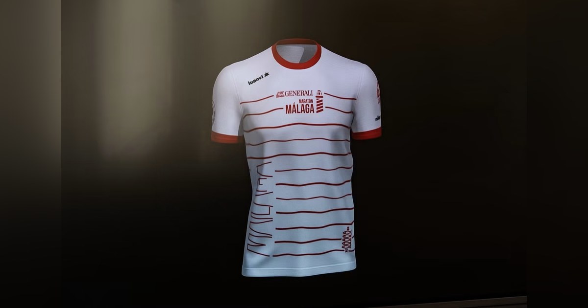 Camiseta oficial blanca con rayas rojas del Generali Maratón Málaga 2026, de Luanvi