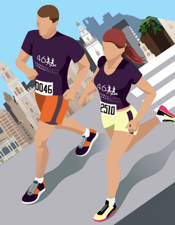 Dos corredores con la camiseta de la 46ª Carrera Urbana Ciudad de Málaga, en una ilustración del cartel oficial