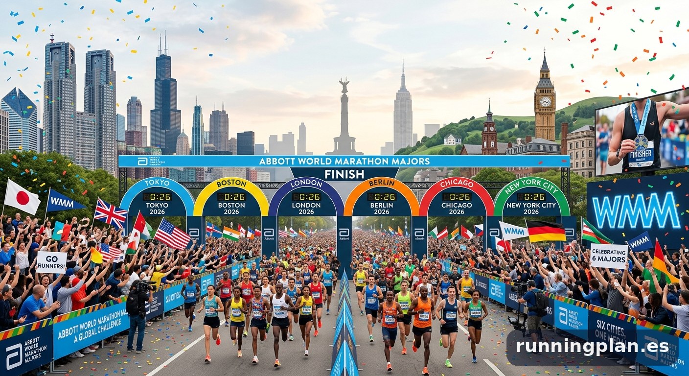 Corredores cruzando la meta de los grandes maratones del mundo entre banderas y confeti