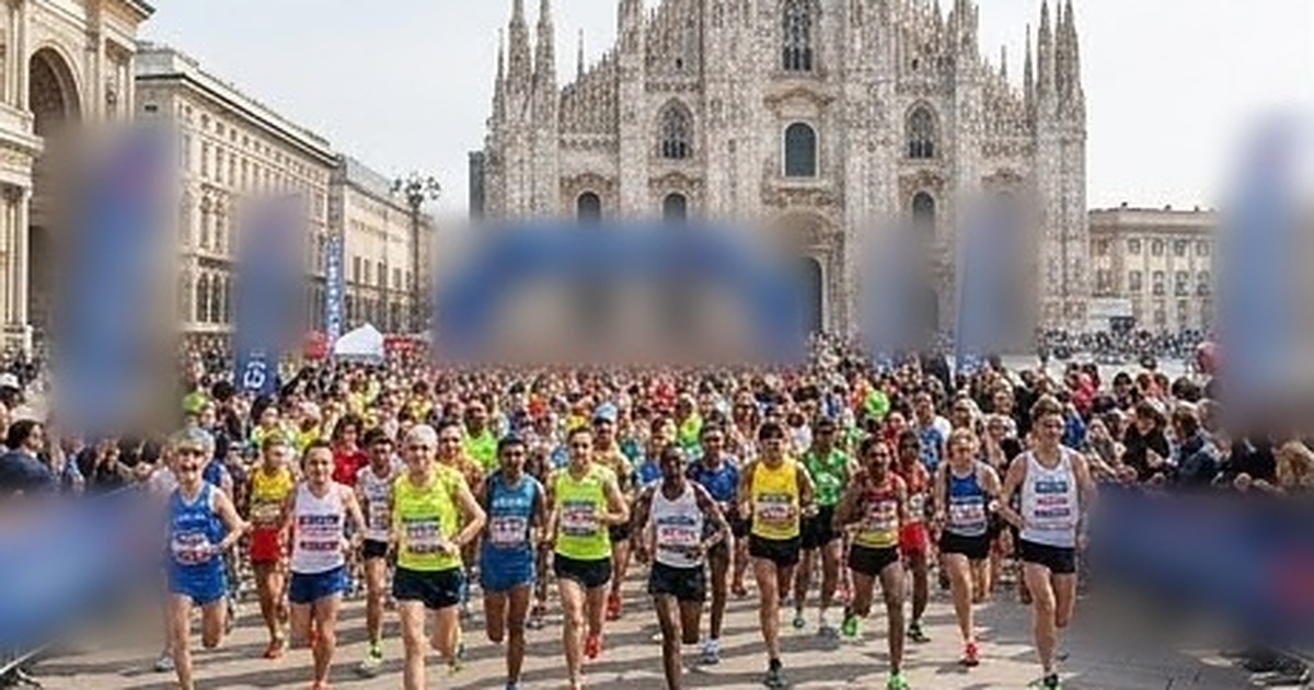 Corredores saliendo en una plaza de Milán con la catedral al fondo