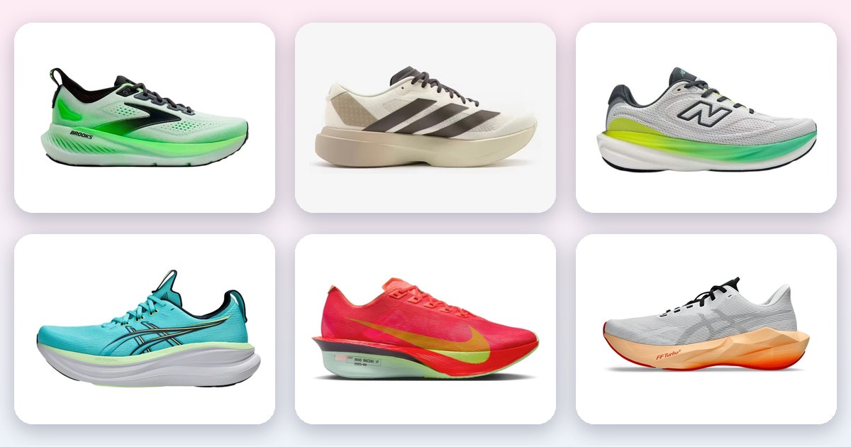 Montaje con fotos de zapatillas de running: Brooks Glycerin 23, adidas Evo SL, New Balance 1080, ASICS Nimbus, Nike Vaporfly 4 y ASICS Novablast 6