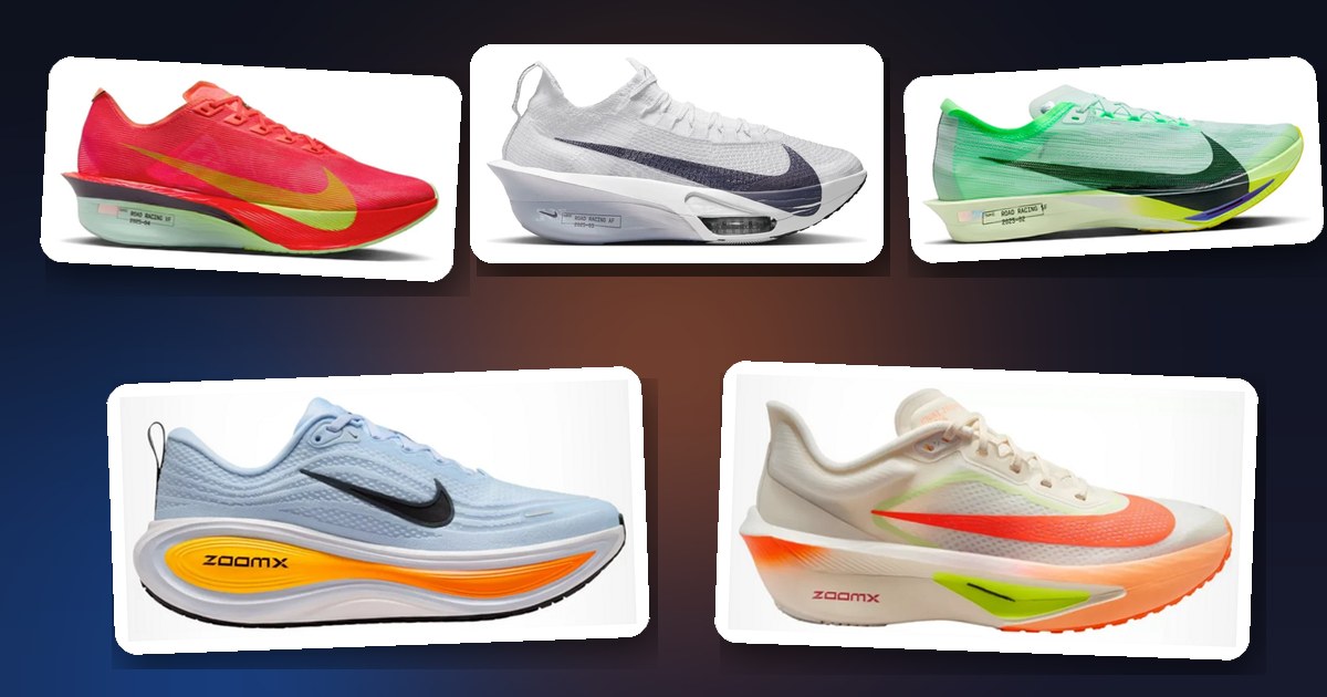 Montaje con cinco zapatillas Nike: Vaporfly 4, Alphafly 3, Streakfly 2, Vomero Plus y Zoom Fly 6