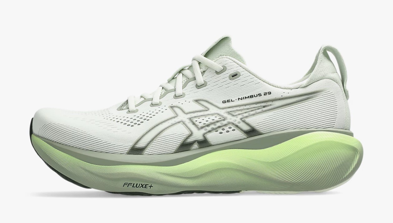 ASICS Gel-Nimbus 29 en verde salvia con la suela verde lima, vista lateral