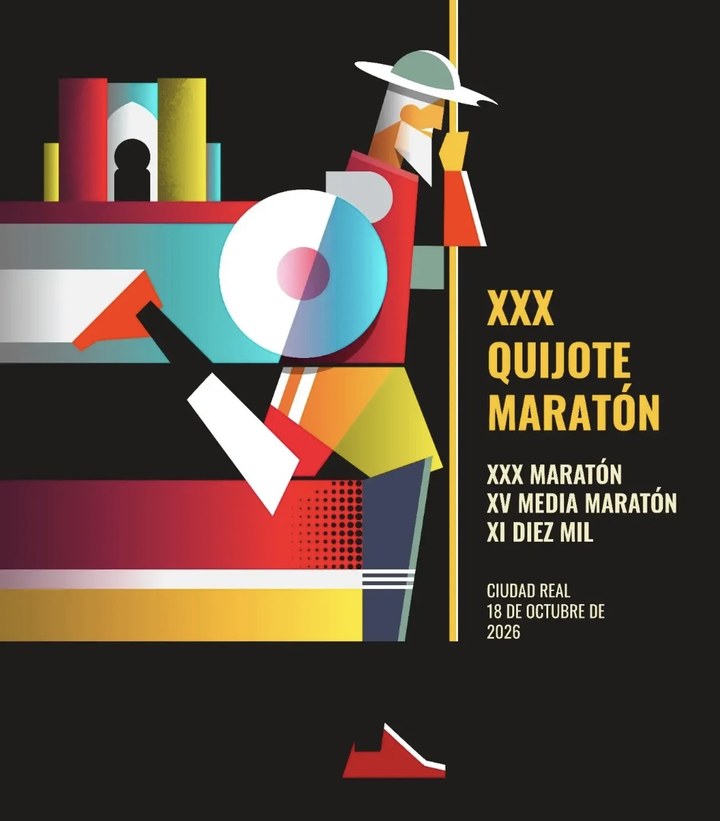 Cartel oficial del XXX Quijote Maratón con Don Quijote corriendo