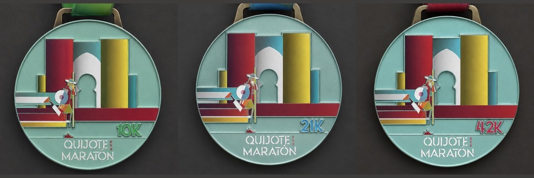 Medallas finisher del Quijote Maratón 2026 para 10K, 21K y 42K