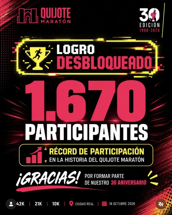 Publicación de la organización del Quijote Maratón anunciando el récord de 1.670 participantes