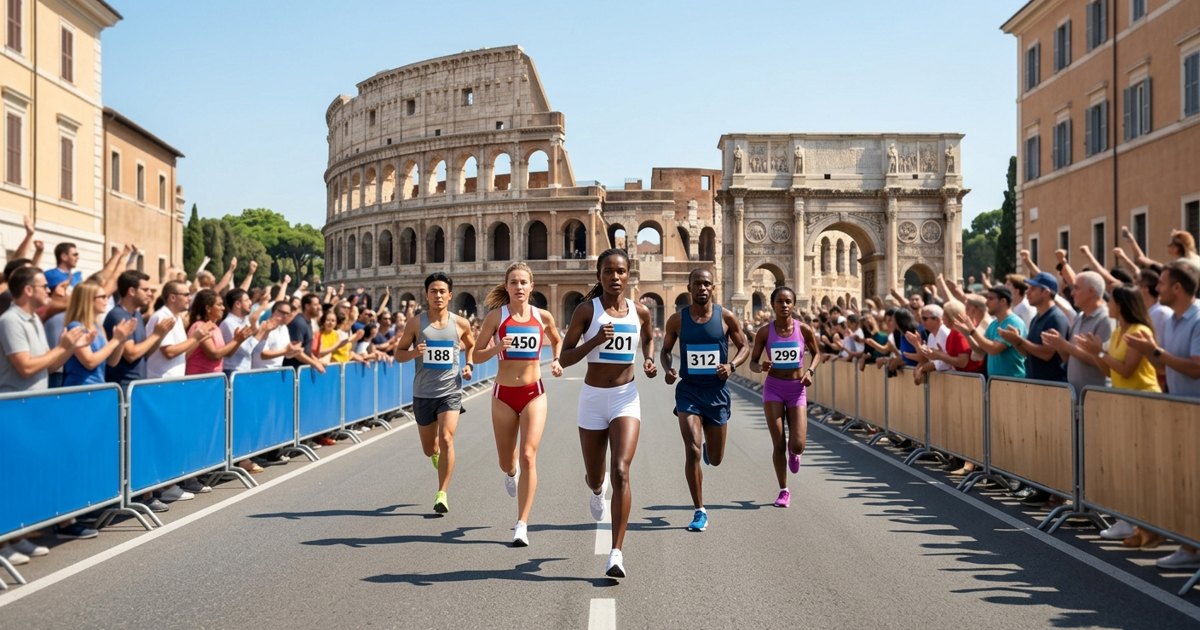 Corredores en una calle de Roma con el Coliseo y el Arco de Constantino al fondo