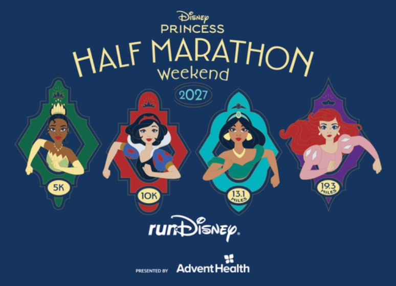 Cartel del Disney Princess Half Marathon Weekend 2027 con sus cuatro distancias