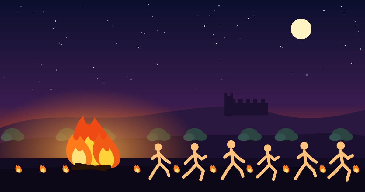 Ilustración de corredores junto a una gran lumbre, con antorchas del público y un castillo al fondo, en una noche de enero