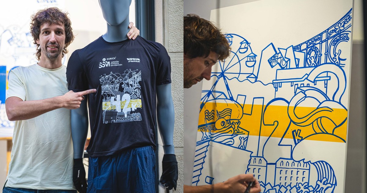 Mikel Soro señala la camiseta de la Zurich Maratón Donostia-San Sebastián 2026 y, a la derecha, dibujando el diseño en un lienzo