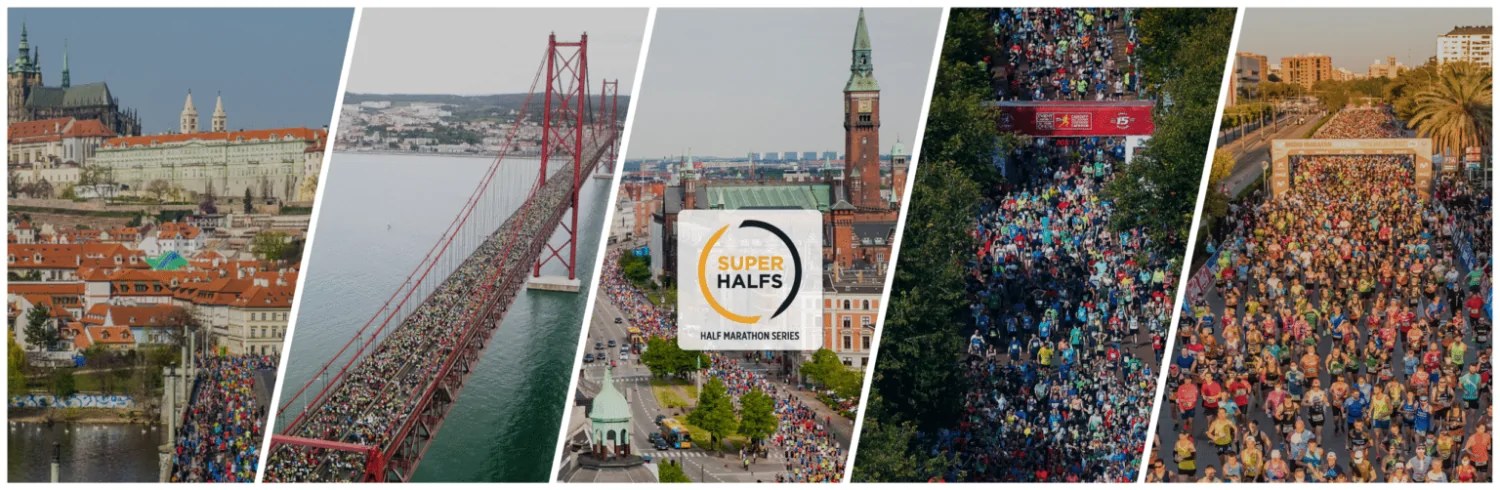 Collage de las seis ciudades de SuperHalfs: Praga, Lisboa, Copenhague, Berlín y Valencia
