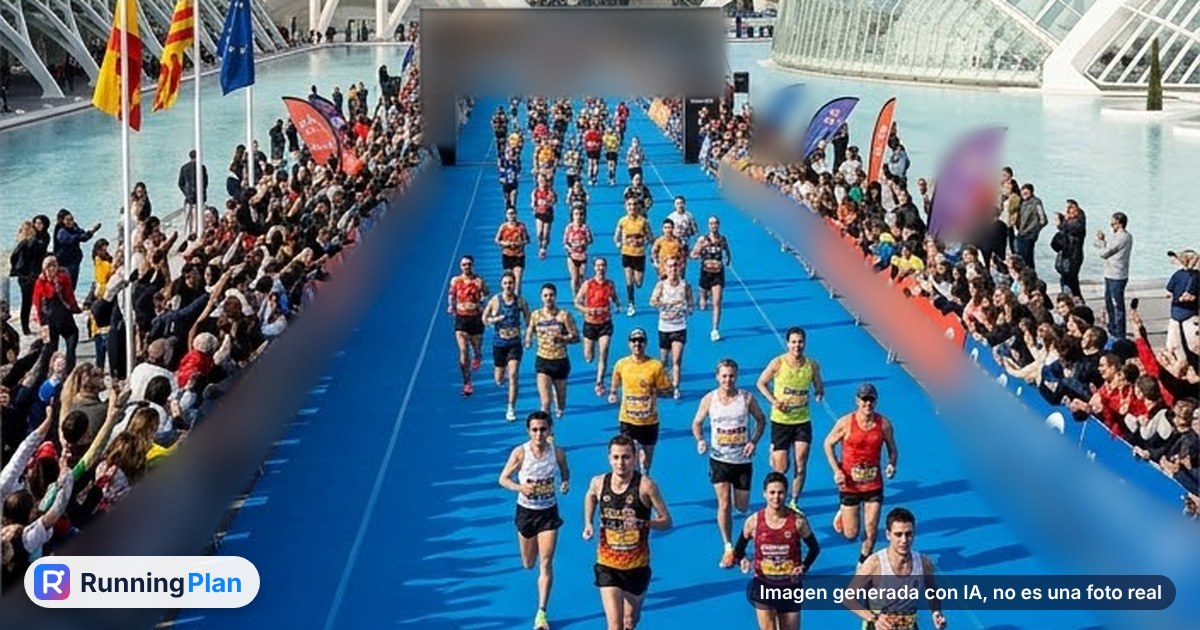 Corredores llegando a la meta junto a la Ciudad de las Artes y las Ciencias de Valencia