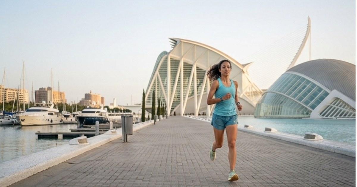 Una corredora por el paseo junto al puerto de Valencia, con la Ciudad de las Artes y las Ciencias al fondo
